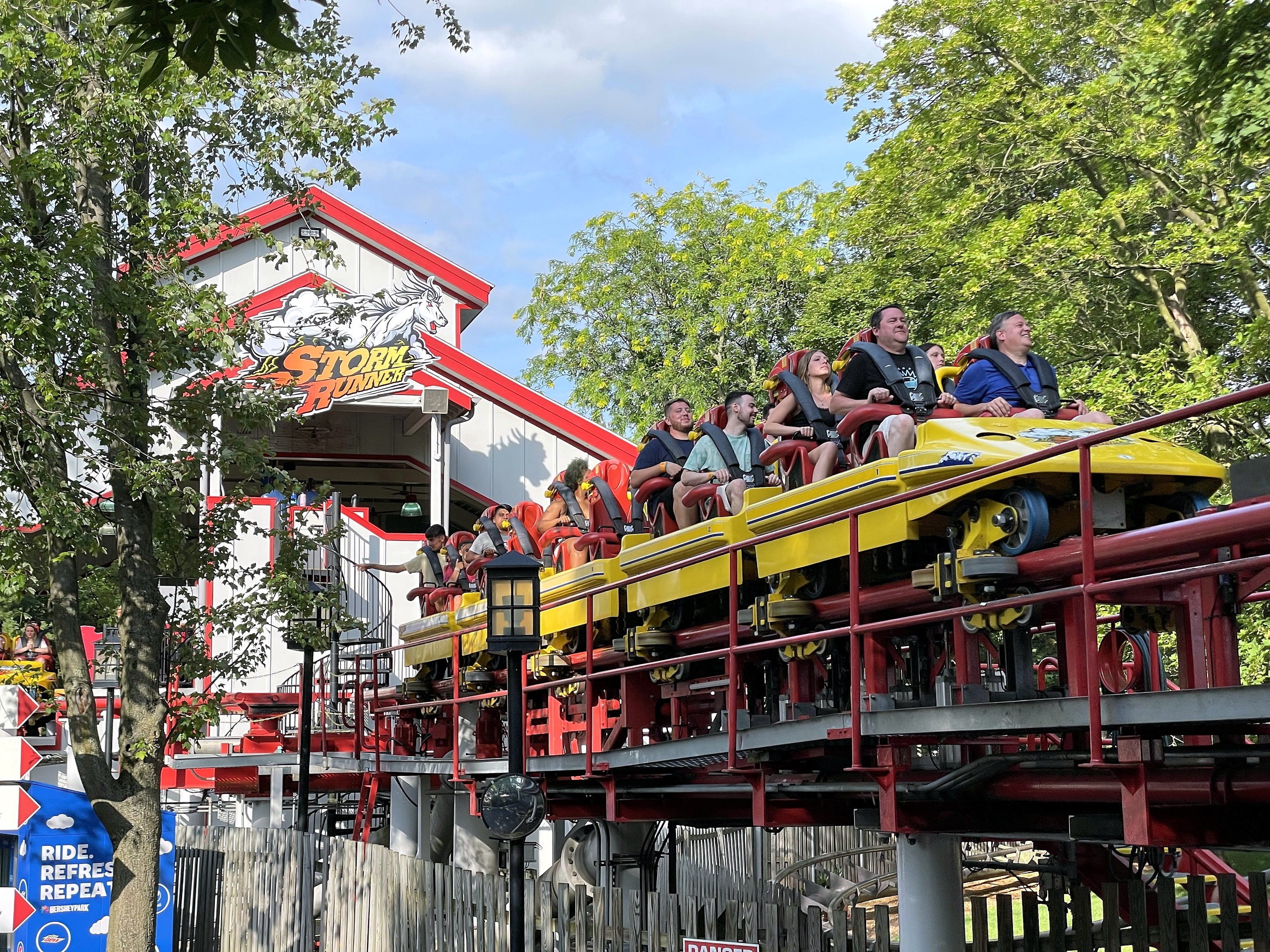 A Storm Runner train on the launch track as it leaves the station at Hersheypark, June 2021