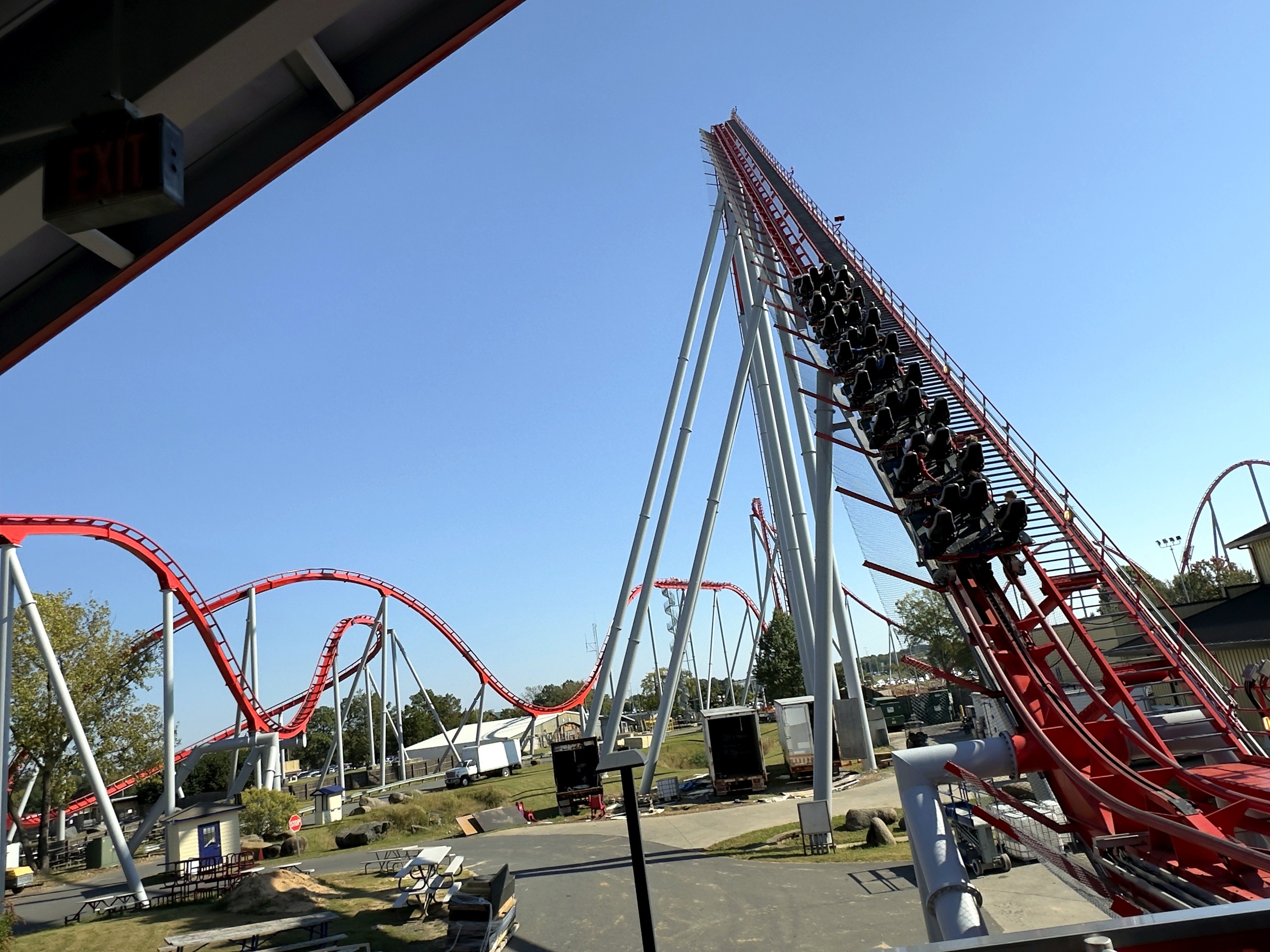 A Thunder Striker train climbing the lift hill at Carowinds, October 2024