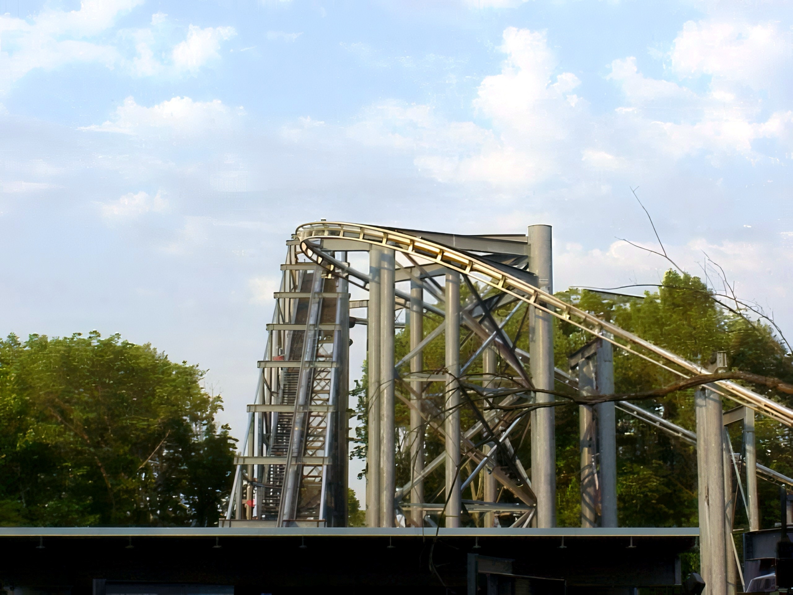Top Gun's lift hill structure against the sky at Paramount's Kings Island, August 2000
