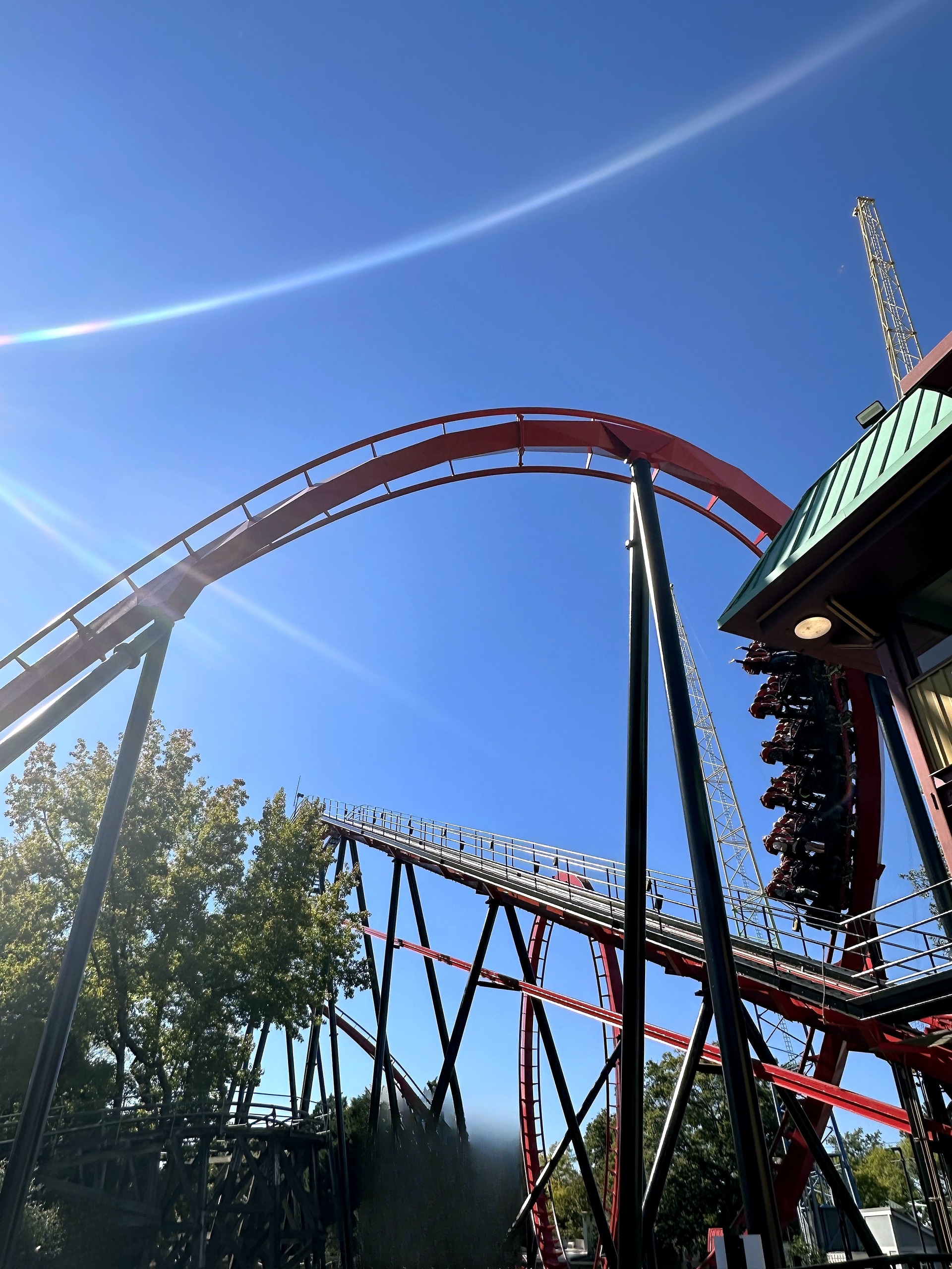 A Vortex train diving down the vertical loop beside the station roof at Carowinds, October 2024