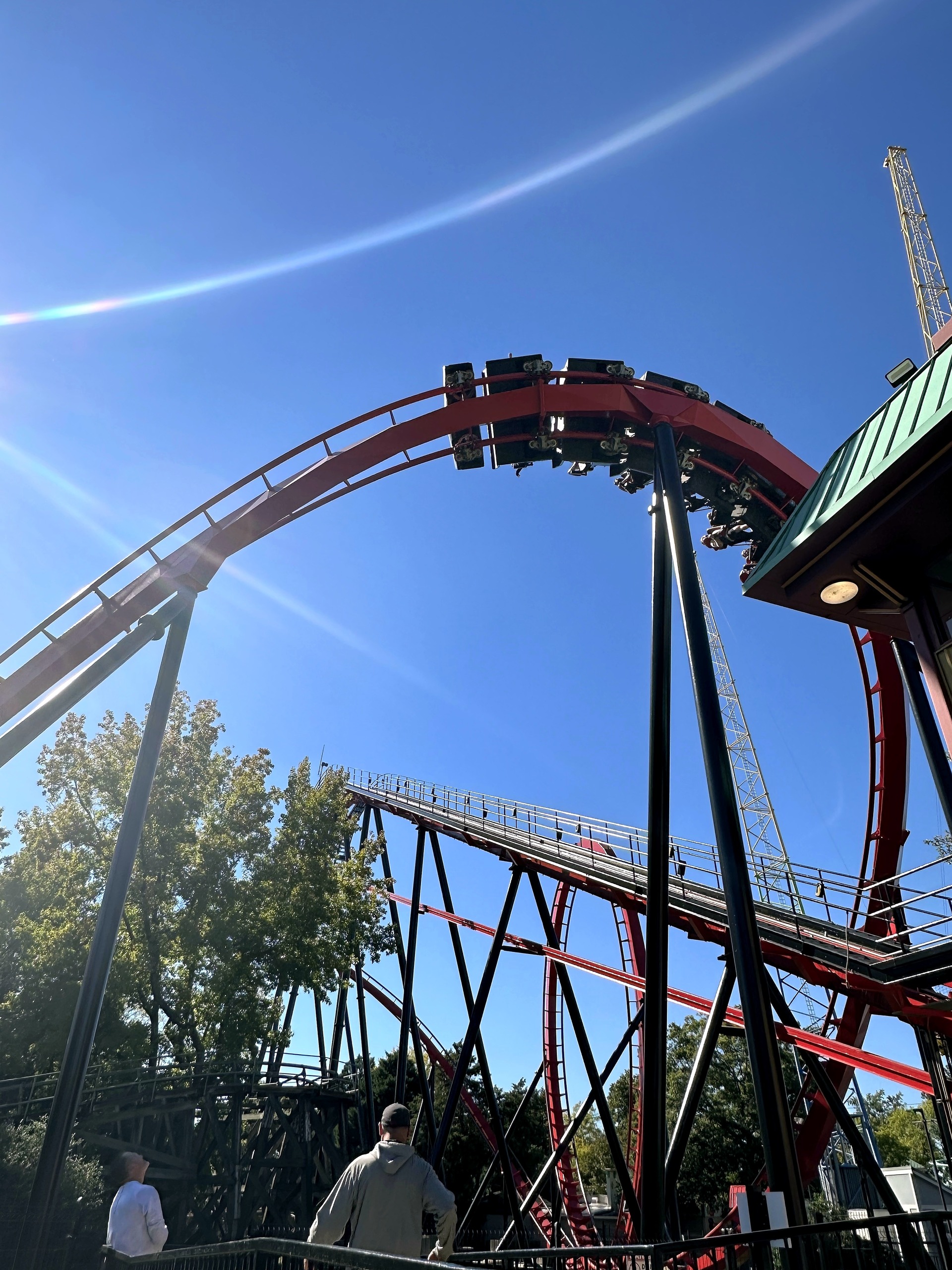 A Vortex train at the top of the vertical loop at Carowinds, October 2024