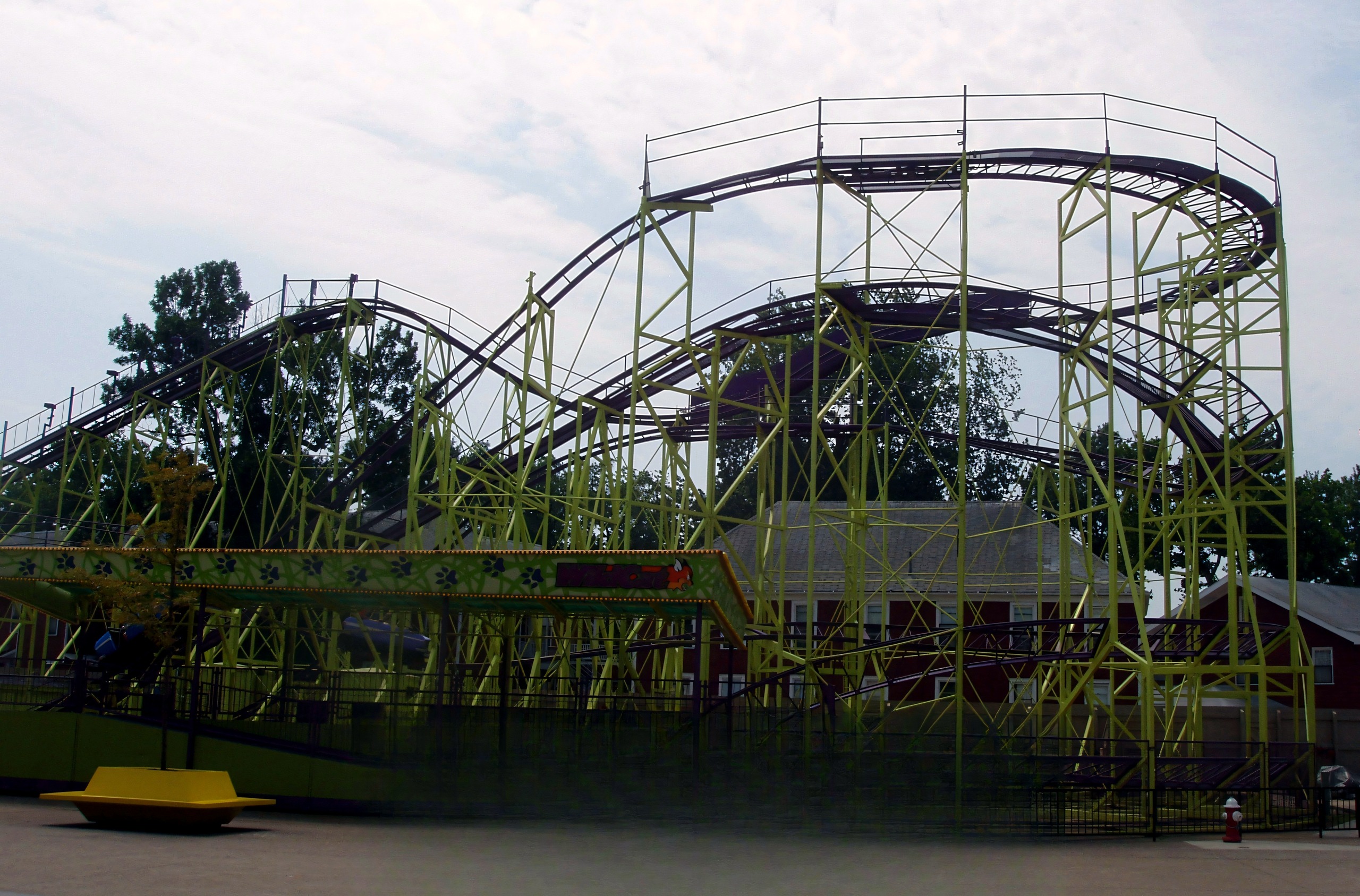 WildCat's track and yellow-green supports beside the midway at Cedar Point, July 2005